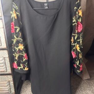 Embellished Black blouse with Floral Embroidered Sheer Sleeves whimsy fairycore